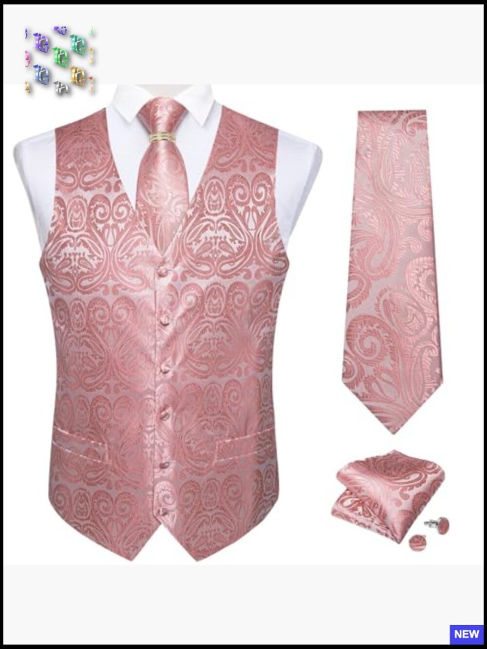 Men's Silk Vest Set Formal Elegant Jacquard Paisley Wedding Party 5PC - Picture 4 of 7